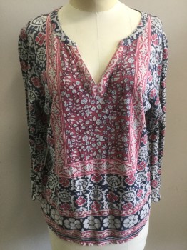 Womens, Top, LUCKY BRAND, Navy Blue, Faded Red, Off White, Cotton, Modal, Floral, M, V-neck, 3/4 Sleeve, Hippy Looking Floral, Pull Over