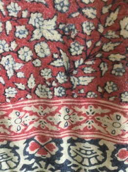 Womens, Top, LUCKY BRAND, Navy Blue, Faded Red, Off White, Cotton, Modal, Floral, M, V-neck, 3/4 Sleeve, Hippy Looking Floral, Pull Over