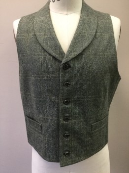 Mens, Historical Fiction Vest, MTO, Mint Green, Dk Green, Yellow, Wool, Herringbone, Novelty Pattern, 40, Herringbone/Woven/Plaid, Button Front, Shall Collar, 2 Pockets, Solid Olive Silk Back with Self Belt Back