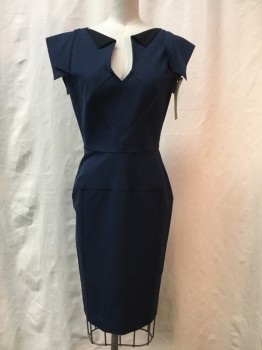 NEIMAN MARCUS, Navy Blue, Wool, Elastane, Solid, Navy, V-neck, Sleeveless,