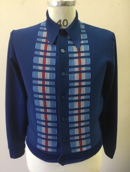 CUSTOM LINE, Navy Blue, Lt Blue, Red, White, Polyester, Solid, Stripes, Knit,, Cardigan, Solid with Dashed Stripe Pattern at Center Front Along Button Placket, Long Sleeves, Button Front, Long Collar Attached