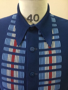 CUSTOM LINE, Navy Blue, Lt Blue, Red, White, Polyester, Solid, Stripes, Knit,, Cardigan, Solid with Dashed Stripe Pattern at Center Front Along Button Placket, Long Sleeves, Button Front, Long Collar Attached
