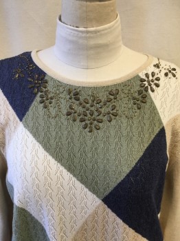 Womens, Pullover Sweater, ALFRED DUNNER, White, Beige, Green, Navy Blue, Metallic, Cotton, Acrylic, Geometric, Color Blocking, XXL, Round Neck with Beaded Detail ,  Delicate Open Work