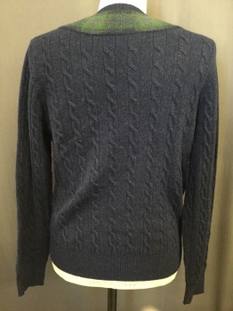 Womens, Pullover, BROOKS BROTHERS, Navy Blue, Gray, Magenta Pink, Wool, Solid, Plaid, M, V-neck with Plaid Knit Around Neck and V-neck, Cable Knit