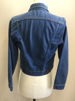 Mens, Jean Jacket, WRANGLER, Denim Blue, Cotton, Solid, 38, Metallic Button Front, 4 Pockets (2 Flap, 2 Slit), Long Sleeves, Pointed Collar Attached, Snap Cuff, Tab Button BackWaistband,