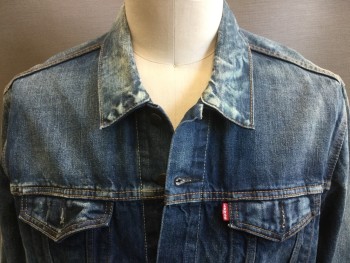 Mens, Jean Jacket, LEVI'S, Denim Blue, Cotton, Solid, XL, Button Front, Long Sleeves, Collar Attached, Orange Top Stitching, Slit Pockets