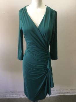 VENUS, Emerald Green, Polyester, Spandex, Solid, Faux Wrap Dress, Cross Over Bust, 3/4 Sleeves, Rouching at Shoulders and Side, Draped Ruffle
