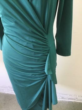 VENUS, Emerald Green, Polyester, Spandex, Solid, Faux Wrap Dress, Cross Over Bust, 3/4 Sleeves, Rouching at Shoulders and Side, Draped Ruffle