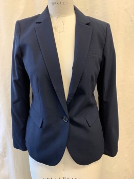 Womens, Blazer, ANN TAYLOR, Navy Blue, Polyester, Viscose, Solid, 6, Notched Lapel, Single Breasted, Button Front, 1 Button, 2 Flap Pockets, 1 Chest Pkt