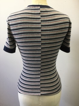 Womens, Top, FRAME, Gray, Navy Blue, Red, White, Spandex, Viscose, Stripes, XS, Crew Neck, Navy Ribbed Collar/cuffs, Tshirt
