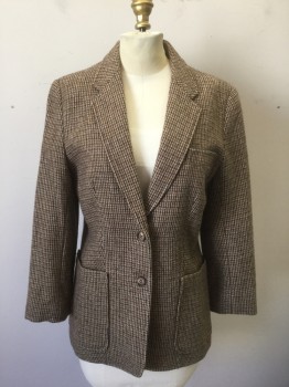 Womens, Blazer, AU COURANT, Brown, Beige, Dk Brown, Wool, Acrylic, Check , B:34, Scratchy Texture Wool, Single Breasted, Notched Lapel, 2 Buttons,  3 Pockets, Solid Brown Lining, Late 1970's