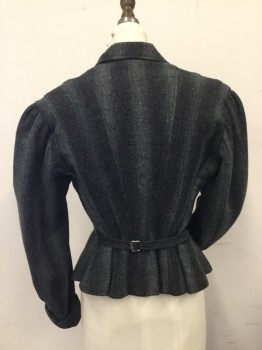 MTO, Gray, Charcoal Gray, Red, Wool, Rayon, Stripes, Hidden 4 Button Placet Center Front, 2 Faux Pocket Flaps at Fromt. Sleeves Gathered to Armhole, Tuck Pleat Detail at Cuff with Button Detail. Adjustable Waist Strap at Center Back,