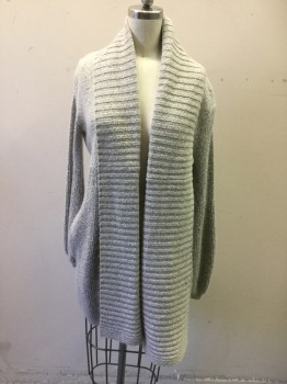 HINGE, Heather Gray, Acrylic, Polyester, Open Front, Long, Horizontal Ribbed Knit Shawl Collar, Vertical Ribbed Knit Lower Half Body/Sleeves, Balloon Lower Sleeve, 2 Pockets