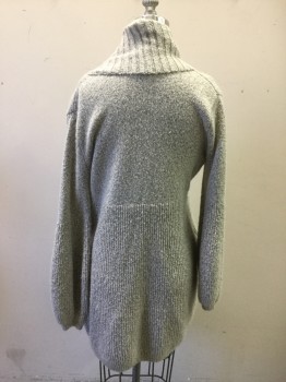 HINGE, Heather Gray, Acrylic, Polyester, Open Front, Long, Horizontal Ribbed Knit Shawl Collar, Vertical Ribbed Knit Lower Half Body/Sleeves, Balloon Lower Sleeve, 2 Pockets