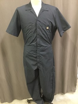 Mens, Coveralls Men, DICKIES, Navy Blue, Poly/Cotton, Solid, L Reg, Collar Attached, Snap and Zip Front, 7 Pockets = 2 Breast Pockets (one with Snap) 2 Back Pockets (one with Button) 2 Front Slash Pockets, One Side Pocket, Short Sleeves