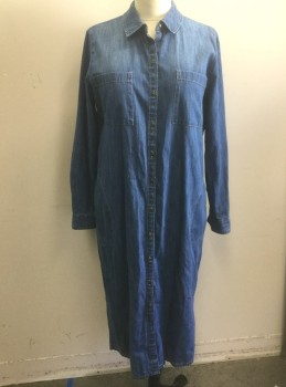 CASLON, Denim Blue, Cotton, Solid, Long Sleeve Button Front Shirt Dress, Collar Attached, Hem Mid-calf, 2 Patch Pockets at Chest and 2 Pockets at Hips with Circular Stitching