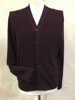 Mens, Cardigan Sweater, RALPH LAUREN, Wine Red, Wool, Solid, XL, V Neck, Long Sleeves, Button Front, 2 Pockets . Vintage 30's to Mid 50's Look