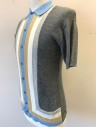 N/L, Gray, Baby Blue, Beige, White, Wool, Solid, Stripes, Short Sleeved Cardigan, Knit, Gray Solid with Stripes Down Center and Hem, Ribbed Collar Attached, 2 Pockets Near Hem,