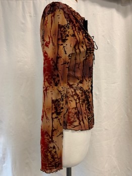 Womens, Top, NO LABEL, Brown, Red, Tan Brown, Black, Synthetic, Elastane, Abstract , S, Sheer Net, Brown & Red Velvet Abstract Print, Black Lace Up Center Front with Hook Detail, Long Sleeves, Collar Attached, 1990's