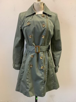 Womens, Coat, Trenchcoat, COFFEE SHOP, Olive Green, Cotton, S, 2 Piece with Belt, Collar Attached, Zip Front, Faux Double Breasted Buttons, 2 Zip Pockets