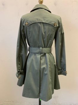 Womens, Coat, Trenchcoat, COFFEE SHOP, Olive Green, Cotton, S, 2 Piece with Belt, Collar Attached, Zip Front, Faux Double Breasted Buttons, 2 Zip Pockets