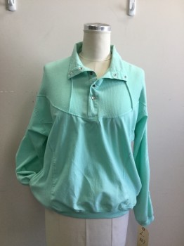 Womens, Top, AO, Aqua Blue, Polyester, Cotton, Solid, L, Pullover, Long Sleeves, Snap Front Placket, Drawstring Collar, Ribbed Detail, 2 Pockets,