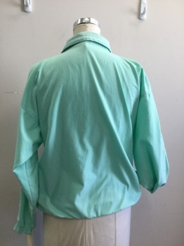 Womens, Top, AO, Aqua Blue, Polyester, Cotton, Solid, L, Pullover, Long Sleeves, Snap Front Placket, Drawstring Collar, Ribbed Detail, 2 Pockets,