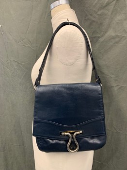 N/L, Midnight Blue, Leather, Solid, Flap Closure with Large Gold Heavy Loop, Snap Adjustable Straps