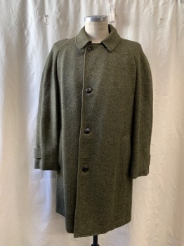 Mens, Coat, CHATFIELD, Moss Green, Dk Green, Goldenrod Yellow, Wool, Tweed, 40L, Single Breasted, Collar Attached, Notched Lapel, Raglan Long Sleeves, Button Tab Cuff