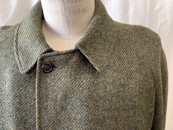 Mens, Coat, CHATFIELD, Moss Green, Dk Green, Goldenrod Yellow, Wool, Tweed, 40L, Single Breasted, Collar Attached, Notched Lapel, Raglan Long Sleeves, Button Tab Cuff