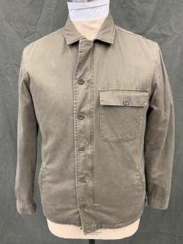 Mens, Casual Jacket, ALL SAINTS, Dk Olive Grn, Cotton, Solid, L, Zip/Button Front, 3 Pockets, Collar Attached, Long Sleeves, Button Cuff, Twill Tab Attached Buckle Side Hems, Cream Fleece Interior