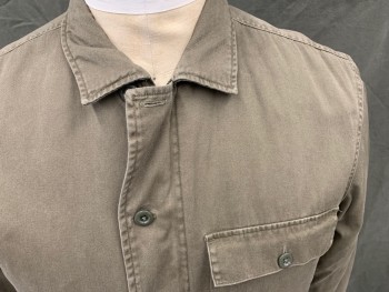 Mens, Casual Jacket, ALL SAINTS, Dk Olive Grn, Cotton, Solid, L, Zip/Button Front, 3 Pockets, Collar Attached, Long Sleeves, Button Cuff, Twill Tab Attached Buckle Side Hems, Cream Fleece Interior