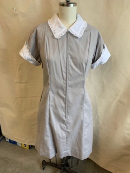 Womens, Nurses Dress, HOUSE OF UNIFORMS, Gray, White, Polyester, Cotton, Solid, 12, Solid White Eyelet with Self Ruffle Trim Collar Attached and Folded Over Short Sleeves Cuffs, Zip Front, 2 Side  Pockets