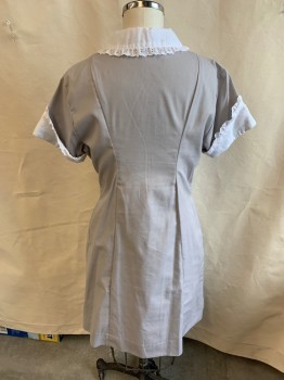 Womens, Nurses Dress, HOUSE OF UNIFORMS, Gray, White, Polyester, Cotton, Solid, 12, Solid White Eyelet with Self Ruffle Trim Collar Attached and Folded Over Short Sleeves Cuffs, Zip Front, 2 Side  Pockets
