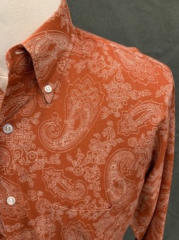 NATIONAL, Clay Orange, White, Cotton, Paisley/Swirls, Button Front, Collar Attached, Button Down Collar, Long Sleeves, Button Cuff, 1 Pocket,