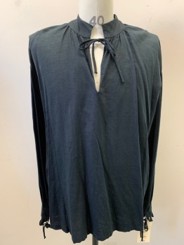 MTO, Black, Cotton, Linen, Solid, Long Sleeves, Self Ruffled Cuffs, Stand Collar Split V-neck, Self Tie Neck, Pullover, 1600's , Small Hole on Back Shoulder