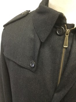Mens, Coat, Overcoat, BROOKS BROTHERS, Charcoal Gray, Wool, Stripes - Shadow, 46R, Collar Attached, Zipper and Button Closure, 2 Pockets, Detached Yoke Right Front Shoulder, Epaulets, Back Vent, Buckled Straps at Cuffs, Fully Lined Also Comes with Attachable Lining Vest Zipped In.
