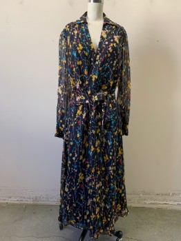 Womens, Dress, Long & 3/4 Sleeve, EQUIPMENT, Navy Blue, Yellow, Red, Blue, Pink, Silk, Floral, 6, V-neck, Surplice, Collar Attached, Pleated at CB, Self Tie Belt, Sheer Sleeves, Hem Below Knee, Solid Navy Poly Lining