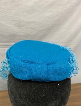 Womens, Hat, N/L, Turquoise Blue, Wool, Solid, Pillbox Shape, Very Worn Netting Attached, Self Bow Detail in Back,