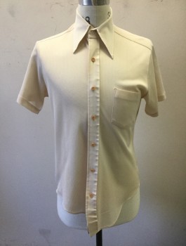 BRANFORD, Lt Beige, White, Polyester, Nylon, Check - Micro , Stretchy Material, Short Sleeve Button Front, Collar Attached, 1 Patch Pocket,