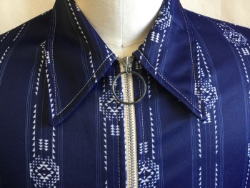 COLE HOWARD, Navy Blue, White, Polyester, Geometric, Stripes - Vertical , Leisure Jacket Late 1960's/ Early 1970's Collar Attached, Zip Front with Metal Large Round Ring, 2 Patch Pockets Short Sleeves,