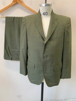 Mens, 1960s Vintage, Suit, Jacket, SEWELL, Avocado Green, Brown, Dk Green, Wool, Glen Plaid, 40S, Single Breasted, Notched Lapel, 3 Buttons, 3 Pockets, **Has Mended Moth Holes on Left Pocket