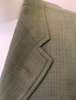 Mens, 1960s Vintage, Suit, Jacket, SEWELL, Avocado Green, Brown, Dk Green, Wool, Glen Plaid, 40S, Single Breasted, Notched Lapel, 3 Buttons, 3 Pockets, **Has Mended Moth Holes on Left Pocket