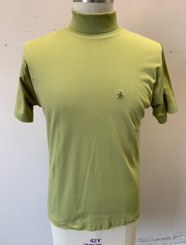 MUNSINGWEAR, Avocado Green, Polyester, Solid, Stretchy Short Sleeved Turtleneck, Penguin Logo Embroidered at Chest, Pullover,