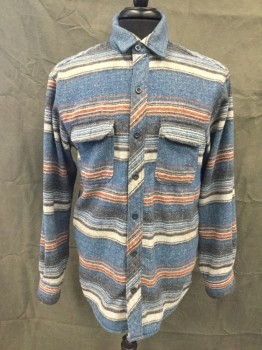 REDHEAD, Blue, Faded Black, Lt Gray, Brick Red, Cotton, Stripes, Felted Flannel, Button Front, Collar Attached, Long Sleeves, Button Cuff, 2 Flap Pockets