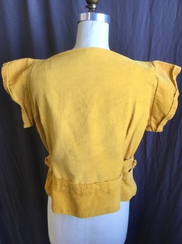N/L, Goldenrod Yellow, Cotton, Elastane, Solid, Corduroy, Slash Wide Neck, Cap Sleeves with Cuff, Self Short Belt with D-ring Buckle, 5" Waistband Cuff
