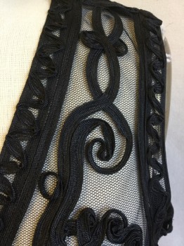 JAN MICOLE, Black, Acetate, Rayon, Swirl , Solid, Thin Ribbon Swirl Design on Black Netting Front, V-neck,  8 Black Button Front, Solid Black Back with 2--1.5" Split Hem