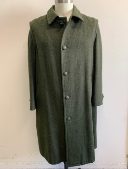 Mens, Coat, BELFE, Olive Green, Wool, Solid, 44, Thick Scratchy Wool, Single Breasted, 5 Green Painted Leather Buttons, Collar Attached, 2 Welt Pockets, Plaid Lining