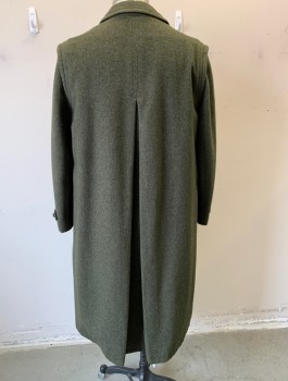 Mens, Coat, BELFE, Olive Green, Wool, Solid, 44, Thick Scratchy Wool, Single Breasted, 5 Green Painted Leather Buttons, Collar Attached, 2 Welt Pockets, Plaid Lining