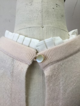 Womens, Pullover, CLUB MONACO, Lt Pink, White, Wool, Polyester, Solid, XS, Knit, White Woven Ruffle at Neck and Cuffs, Crew Neck, Slightly Flared Cuffs